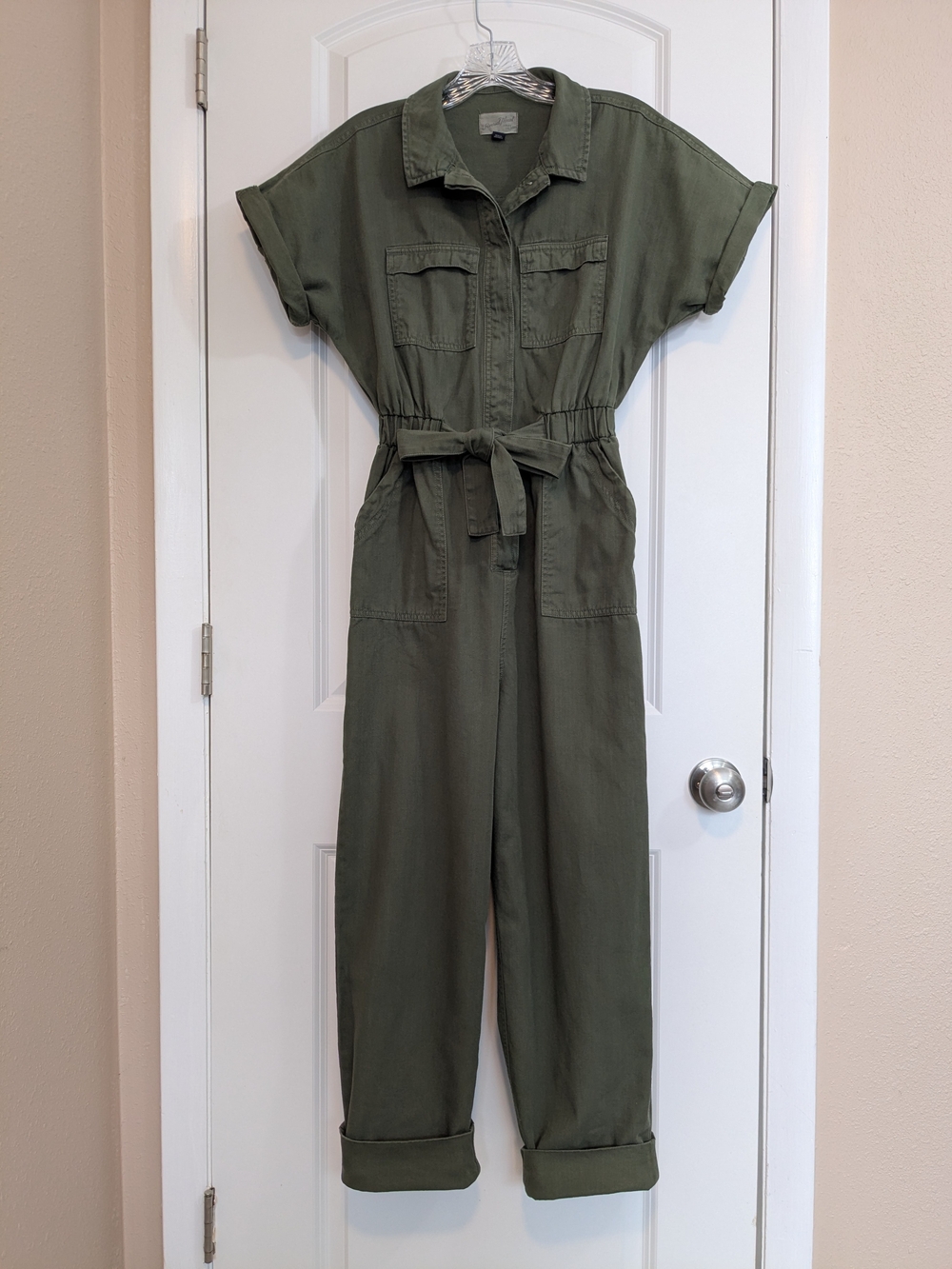 Universal Thread Olive Utility Short-Sleeve Jumpsuit with Tie Waist